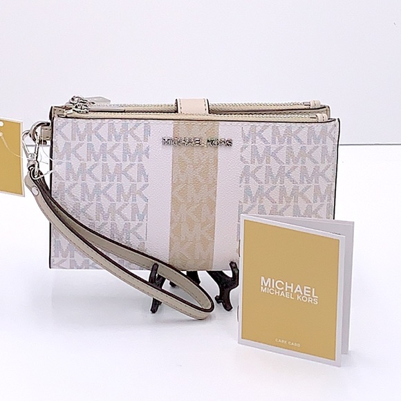 MICHAEL KORS LARGE DOUBLE ZIP WRISTLET WALLET LIGHT SAND/ WHITE MULTI CO… - Picture 3 of 15